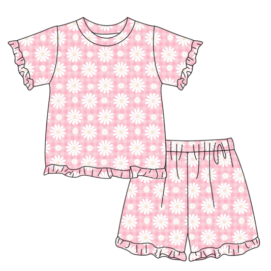 ( Moq 5 ) Preorder Baby Girls Short Sleeves Flower Pink Plaid Shirt Shorts Summer Clothes Set