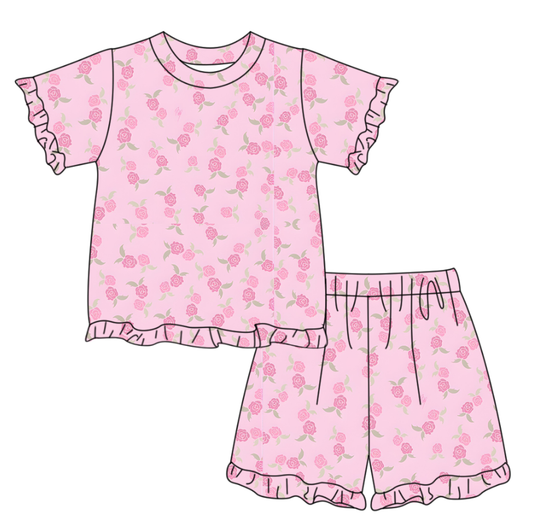 ( Moq 5 ) Preorder Baby Girls Kids Short Sleeves Flower Pink Shirt Shorts Summer Clothes Set