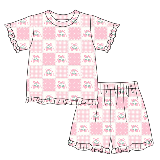 ( Moq 5 ) Preorder Baby Girls Short Sleeves Strawberry Bows Shirt Shorts Summer Clothes Set