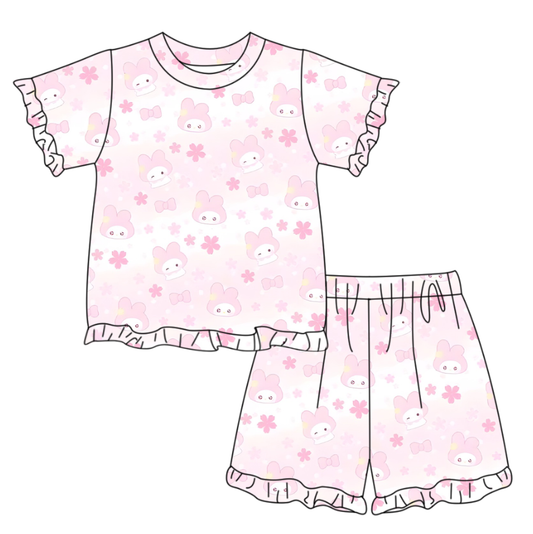 ( Moq 5 ) Preorder Baby Girls Short Sleeves Rabbits Bows Flower Shirt Shorts Easter Clothes Set