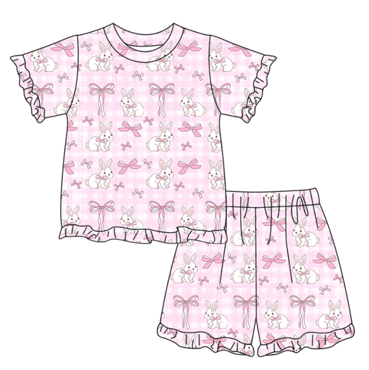 ( Moq 5 ) Preorder Baby Girls Short Sleeves Rabbits Bows Shirt Shorts Easter Pink Clothes Set