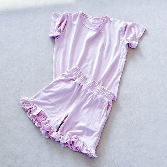 ( Moq 5 ) Preorder Baby Girls Short Sleeves Lavender Tops Ruffle Shorts Summer Clothes Set