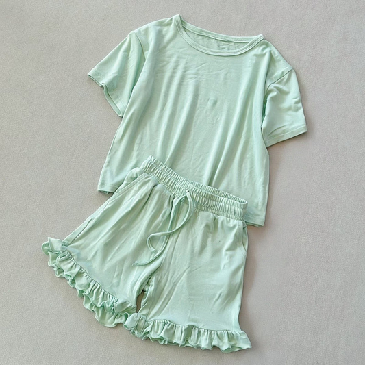 ( Moq 5 ) Preorder Baby Girls Short Sleeves Green Tops Ruffle Shorts Summer Clothes Set