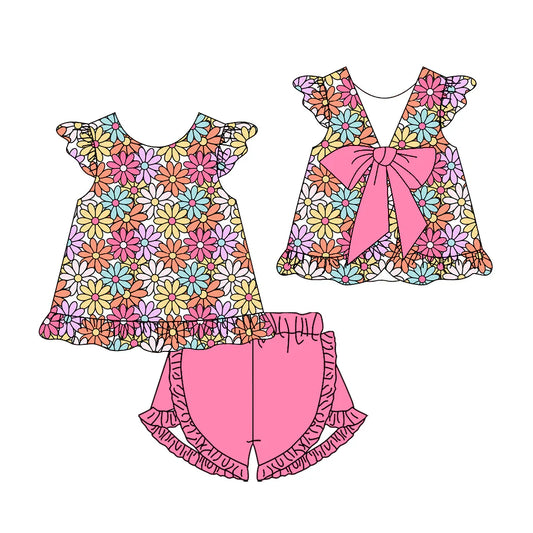 ( Moq 5 ) Preorder Baby Girls Kids Short Sleeves Flower Tunic Pink Ruffle Shorts Summer Set
