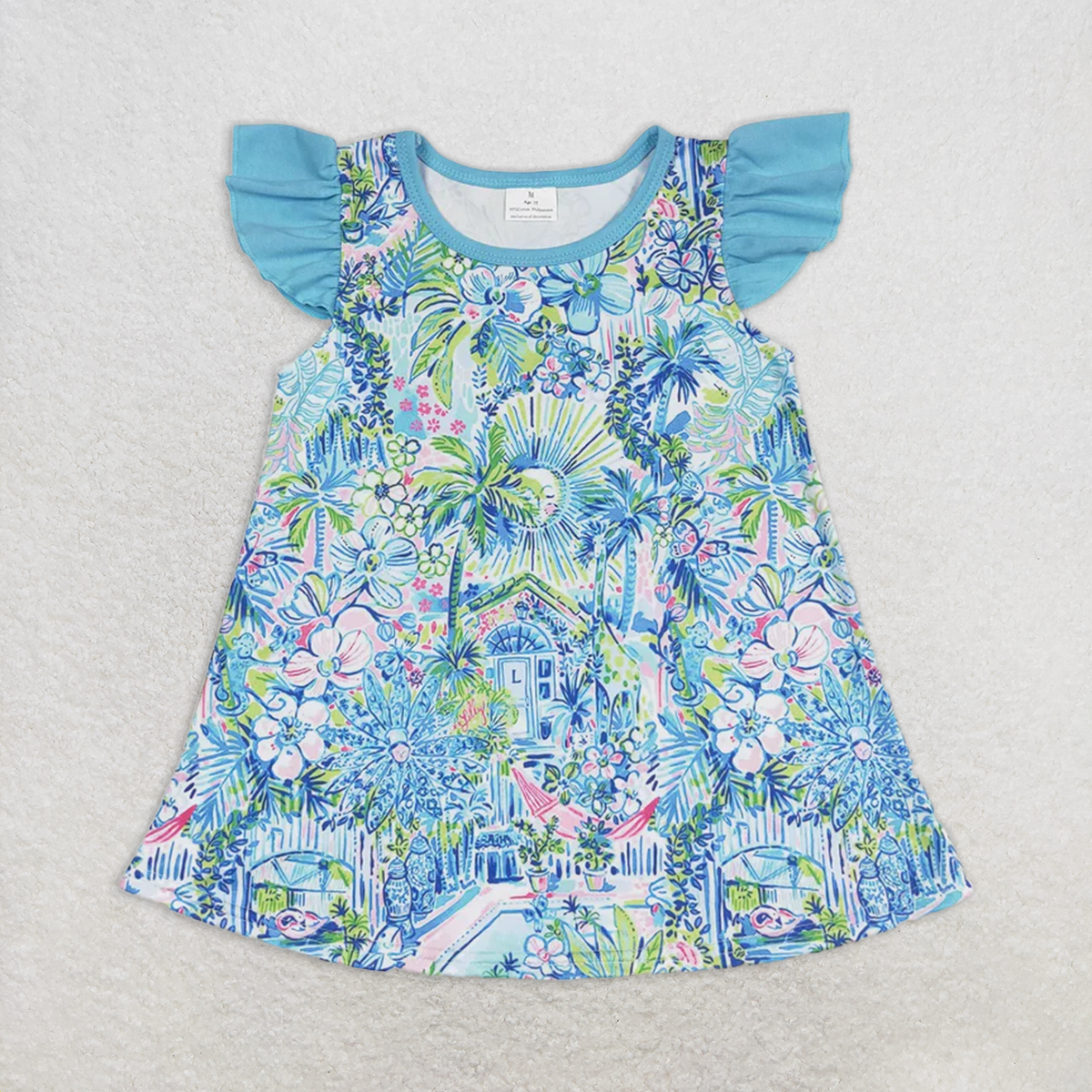 RTS NO MOQ Summer Baby Girls Short Sleeve GT0562 Blue Pink Flowers Flutter Sleeve Tunic Tops