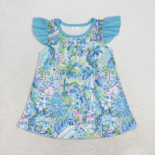 RTS NO MOQ Summer Baby Girls Short Sleeve GT0562 Blue Pink Flowers Flutter Sleeve Tunic Tops