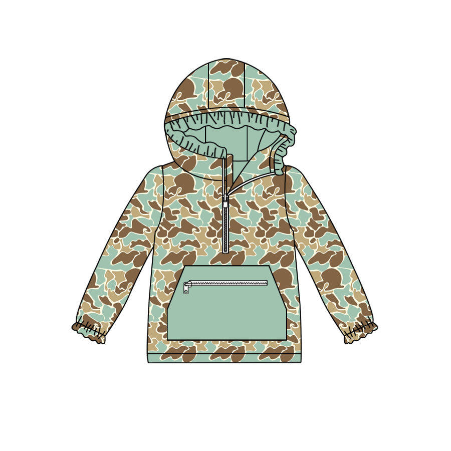 GT0627 Baby Girls Camo Ruffle Hooded Pocket Long Sleeve Tops