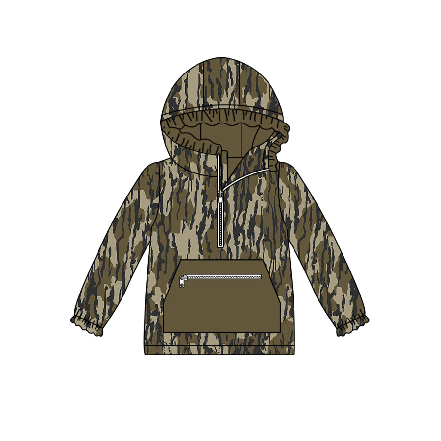 GT0628 Baby Girls Camo Ruffle Hooded Pocket Long Sleeve Tops