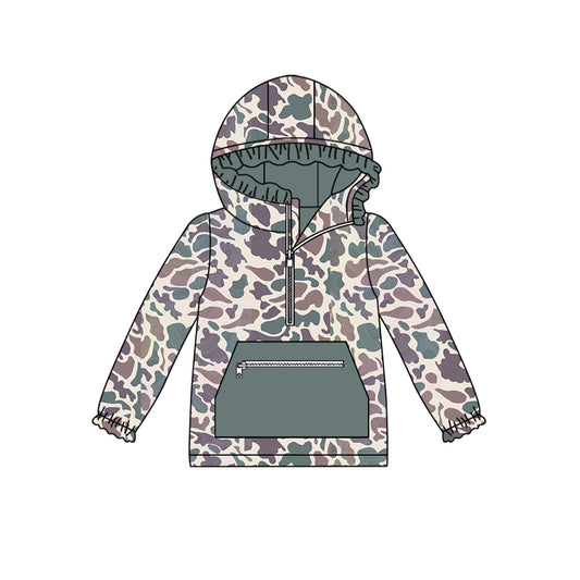 GT0629  Girls Camo Ruffle Hooded Pocket Long Sleeve Tops