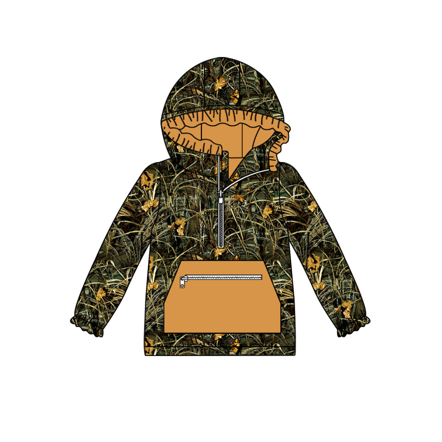 GT0630  Orange Girls Camo Ruffle Hooded Pocket Long Sleeve Tops