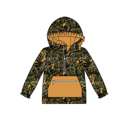 GT0630  Orange Girls Camo Ruffle Hooded Pocket Long Sleeve Tops