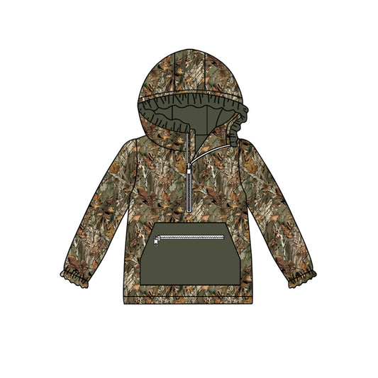 GT0631 Green Girls Camo Ruffle Hooded Pocket Long Sleeve Tops