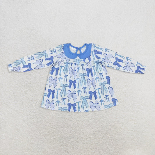 6.16 RTS NO MOQ Baby Girls Long Sleeve GT0666 Blue Bows Collar Knee Length Dresses