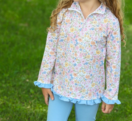 GT0722 Blue Floral Winter Fall Long Sleeve Wholesale Boutique Kid Outfit