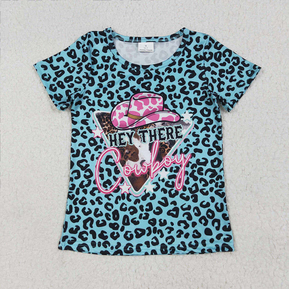 6.26 RTS NO MOQ Summer Baby Girls Short Sleeve GT0934 Leopard Hey Cowboy Short Sleeve Tee Shirts Tops