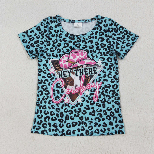 6.26 RTS NO MOQ Summer Baby Girls Short Sleeve GT0934 Leopard Hey Cowboy Short Sleeve Tee Shirts Tops