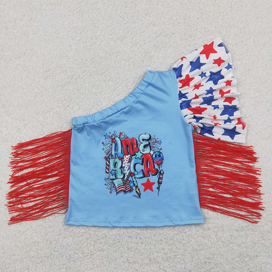 RTS NO MOQ Summer Baby Girls Short Sleeve GT0942  4th Of July Stars America Fringe Tops