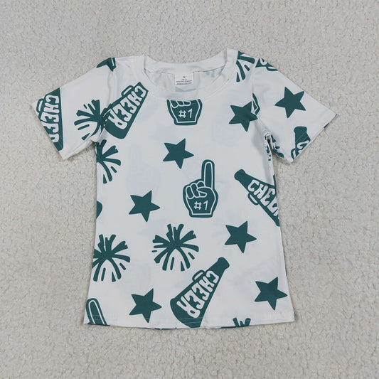 6.19 RTS NO MOQ Summer Baby Girls Short Sleeve GT0955 White Short Sleeves Green Fireworks CHEER Shirts Tops