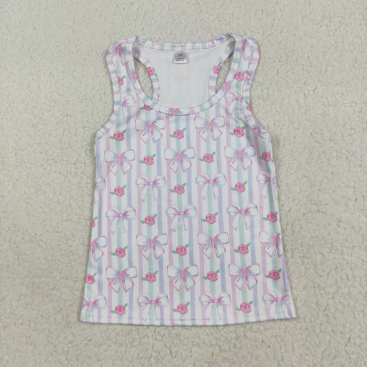 7.18 RTS NO MOQ Summer Baby Girls Short Sleeve GT1014 Sleeveless Lavender Bows Flowers Stripe Yoga Shirts Tops