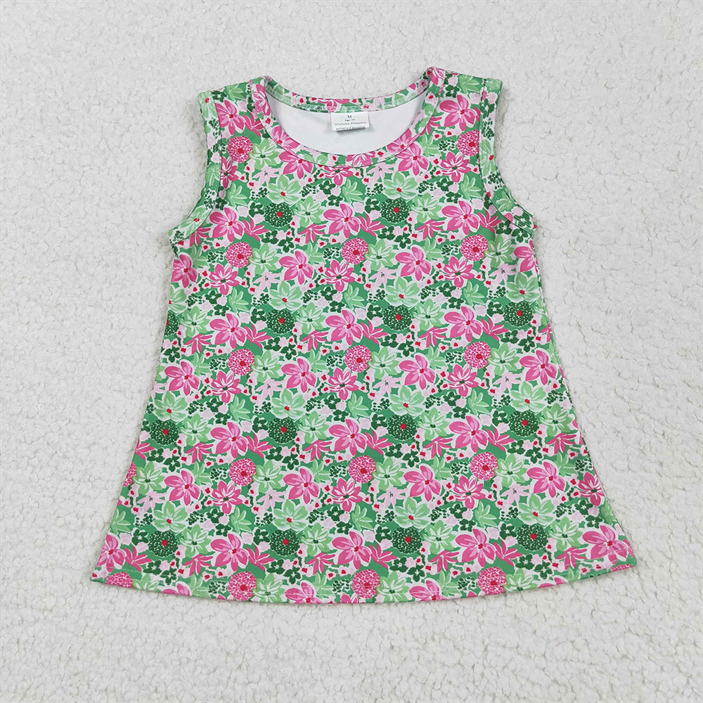 5.26 RTS NO MOQ Summer Baby Girls Short Sleeve GT1015 Sleeveless Green Pink Floral Yoga Shirts Tops
