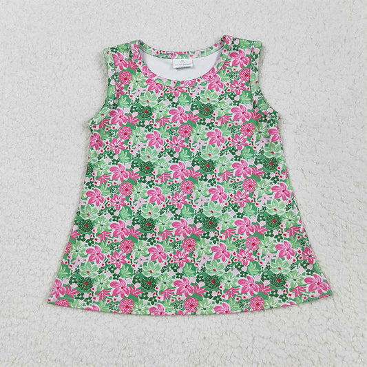 5.26 RTS NO MOQ Summer Baby Girls Short Sleeve GT1015 Sleeveless Green Pink Floral Yoga Shirts Tops