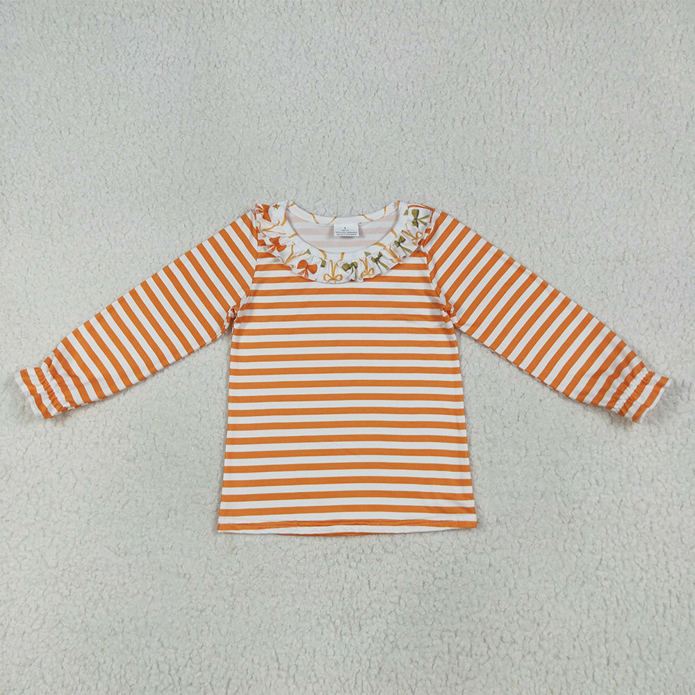 7.8 RTS NO MOQ Baby Girls Long Sleeve GT1074 Long Ruffle Sleeves Orange Stripes Tee Shirts Tops