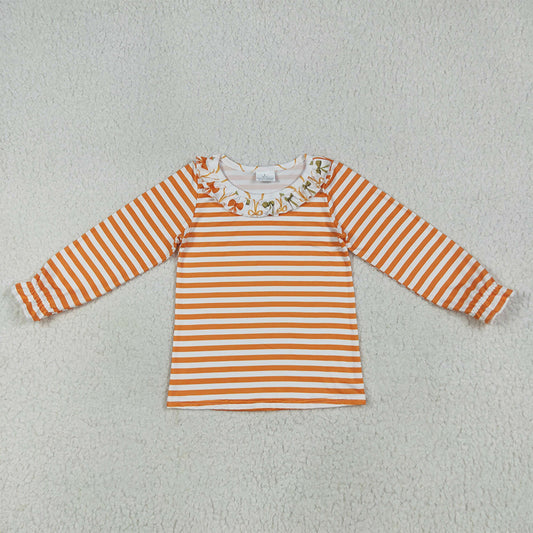 7.8 RTS NO MOQ Baby Girls Long Sleeve GT1074 Long Ruffle Sleeves Orange Stripes Tee Shirts Tops