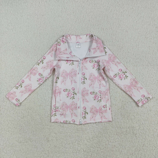 7.18 RTS NO MOQ Baby Girls Long Sleeve GT1075 Long Sleeves Pink Floral Bows Zipper Pockets Yoga Jacket Top