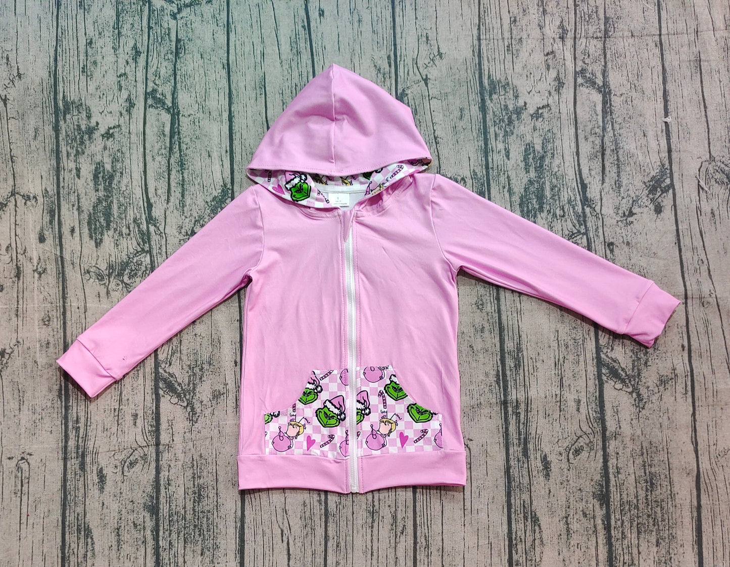 RTS Baby Girl Pink Long Sleeves Green Face Christmas Hoodie Zipper Pockets Tops