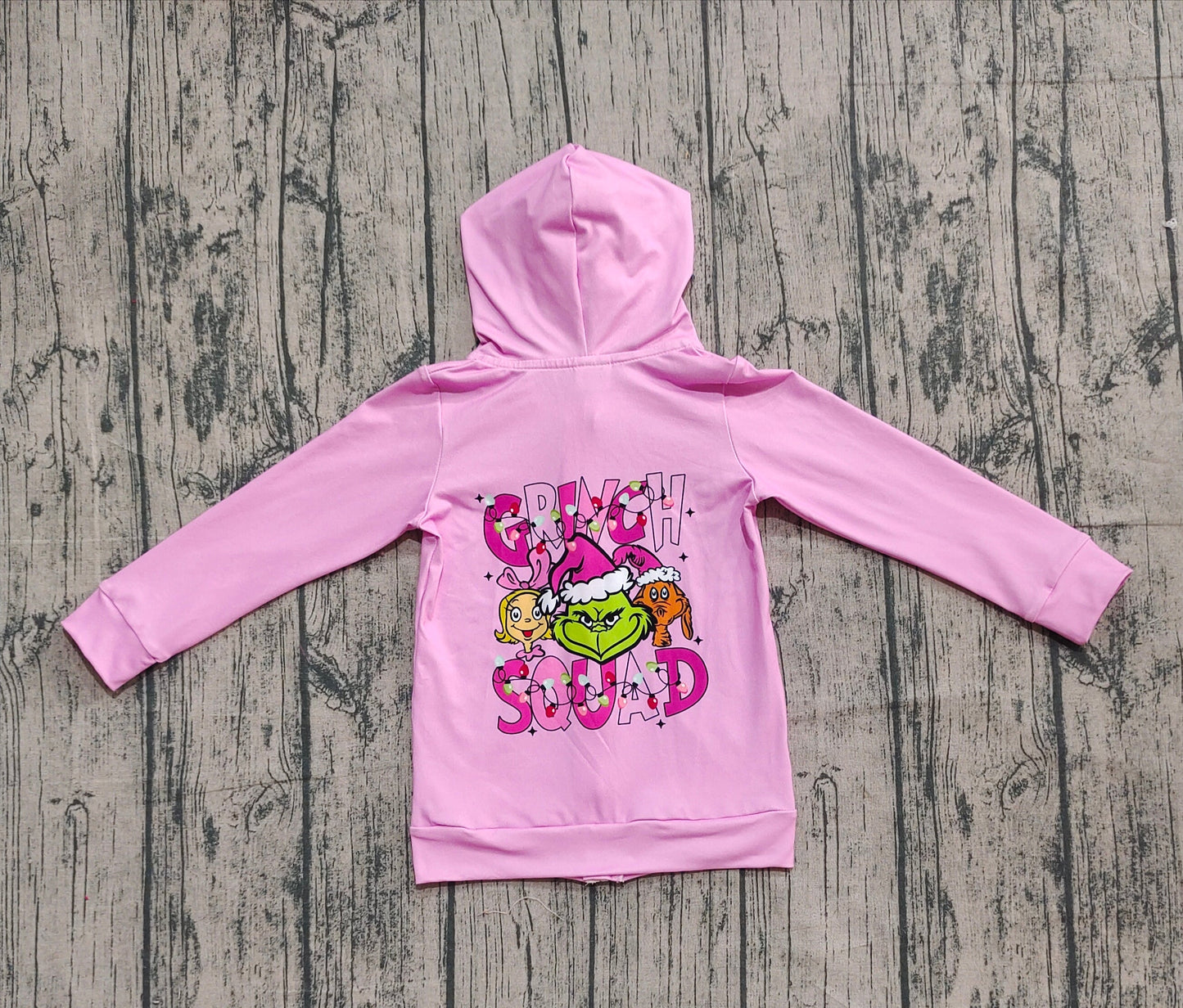 RTS Baby Girl Pink Long Sleeves Green Face Christmas Hoodie Zipper Pockets Tops
