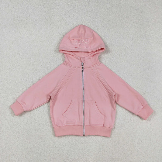 USA Shop RTS Baby Girls Kids Long Sleeves Embroidery Bows Hoodie Zipper Pockets Pink Jacket Tops