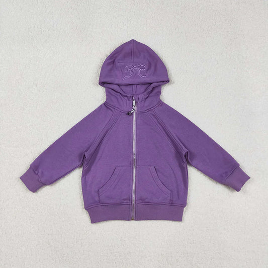 USA Shop RTS Baby Girls Kids Long Sleeves Embroidery Bows Hoodie Zipper Pockets Purple Jacket Tops