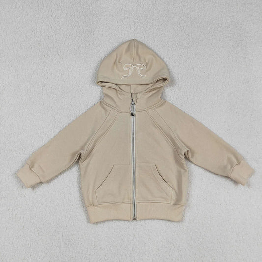 USA Shop RTS Baby Girls Kids Long Sleeves Embroidery Bows Hoodie Zipper Pockets Khaki Jacket Tops