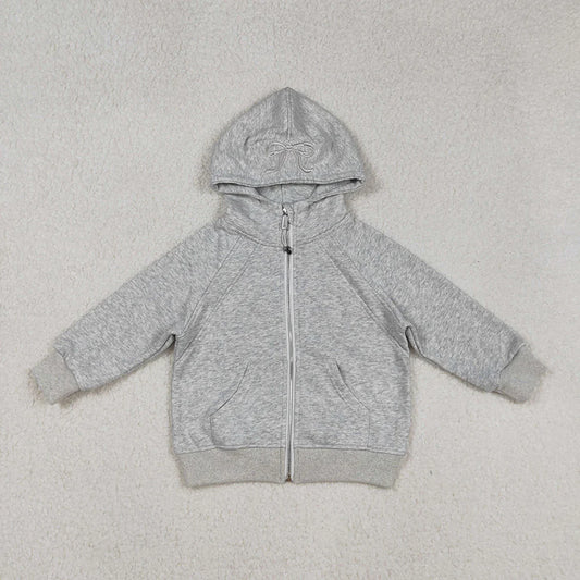 USA Shop RTS Baby Girls Kids Long Sleeves Embroidery Bows Hoodie Zipper Pockets Grey Jacket Tops