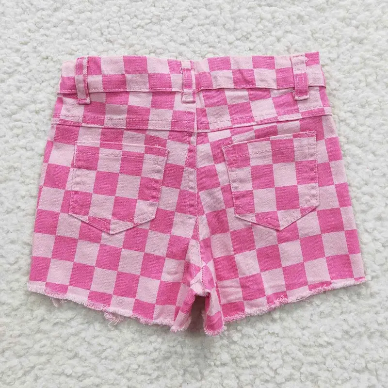 SS0092 Pink plaid jeans baby girls summer denim shorts