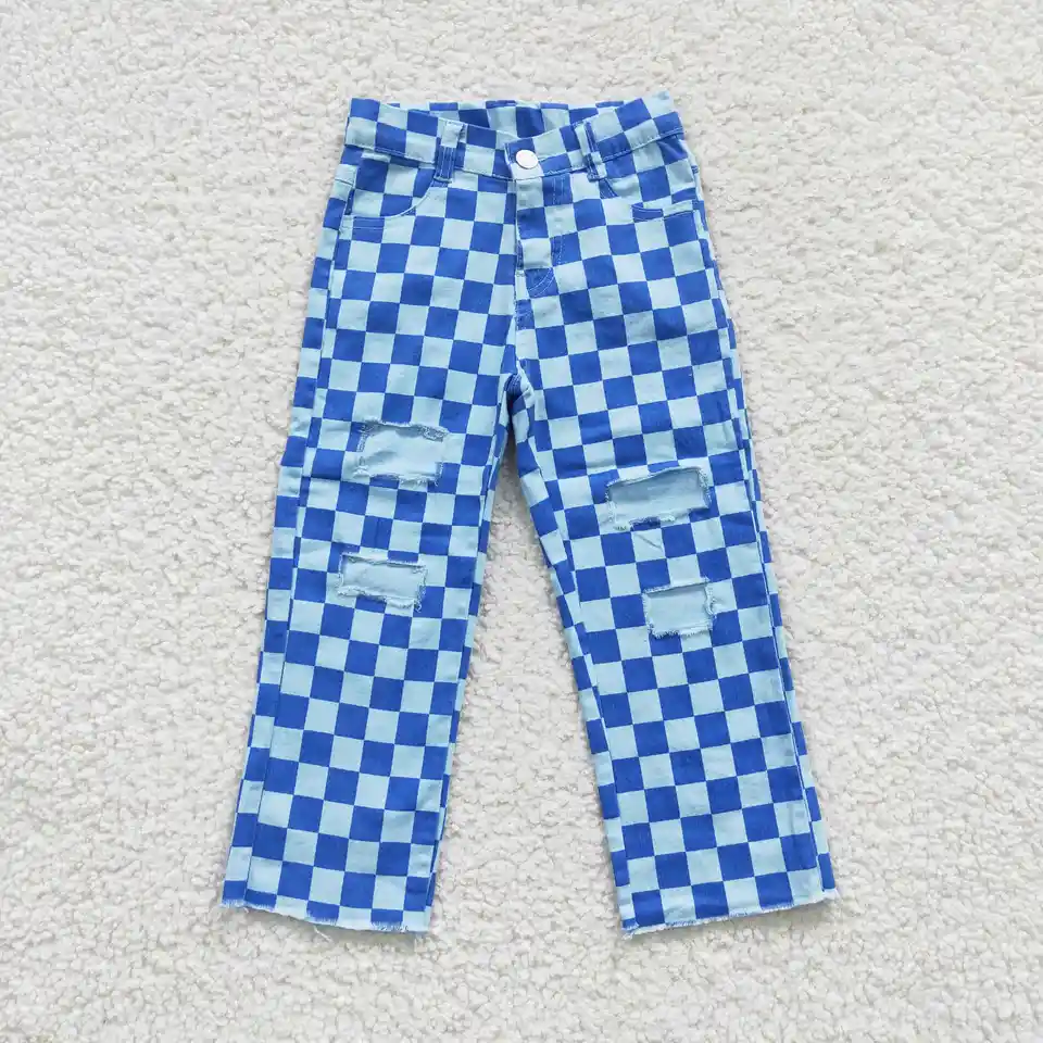 P0097 Blue plaid ripped jeans