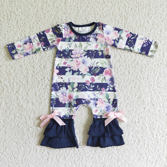 LR0063 Purple Floral Design Kids Girls long sleeve romper jumpsuit