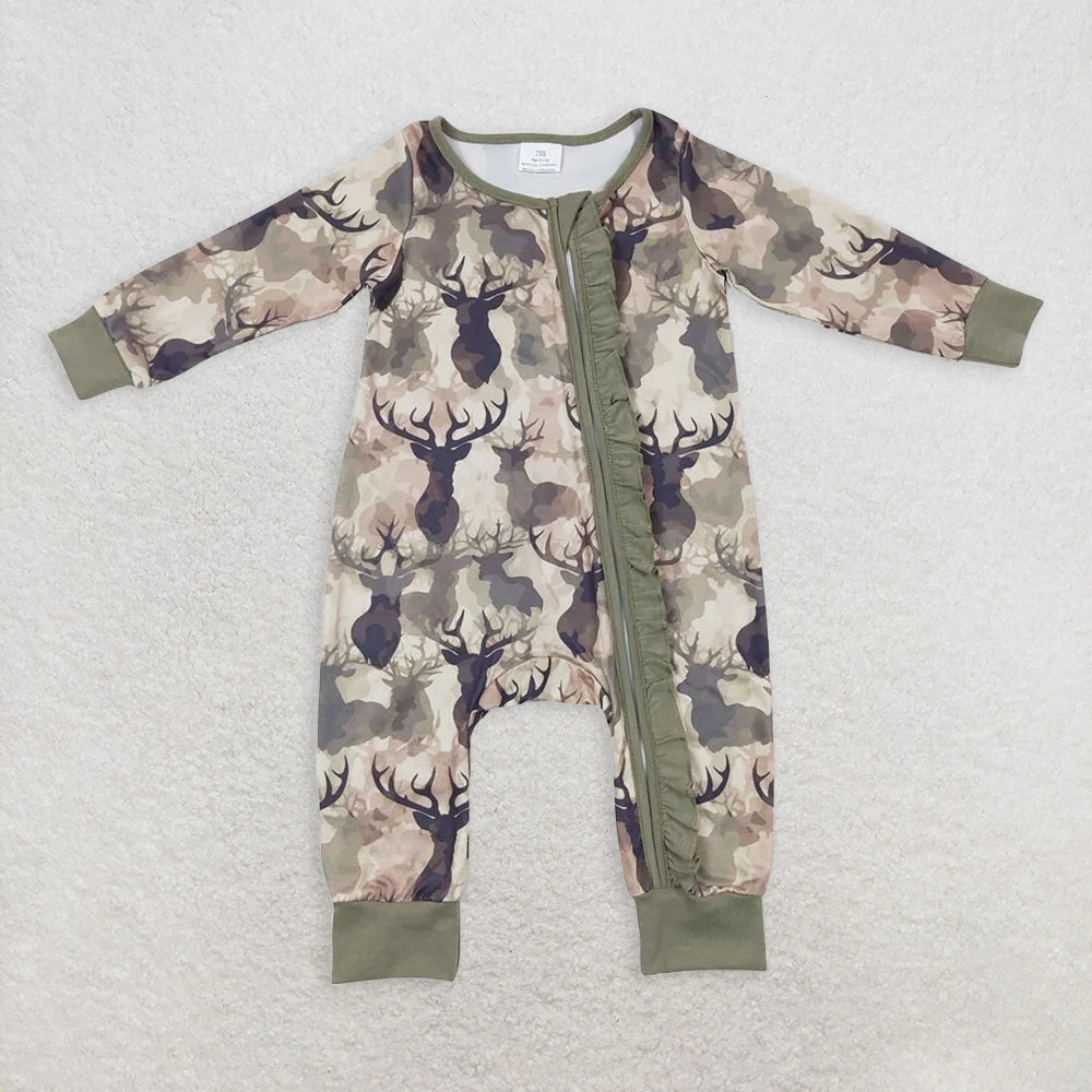 6.12 RTS NO MOQ Baby Girls Bodysuit LR0661 Camo Deer Ruffle Zip Long Sleeve Rompers