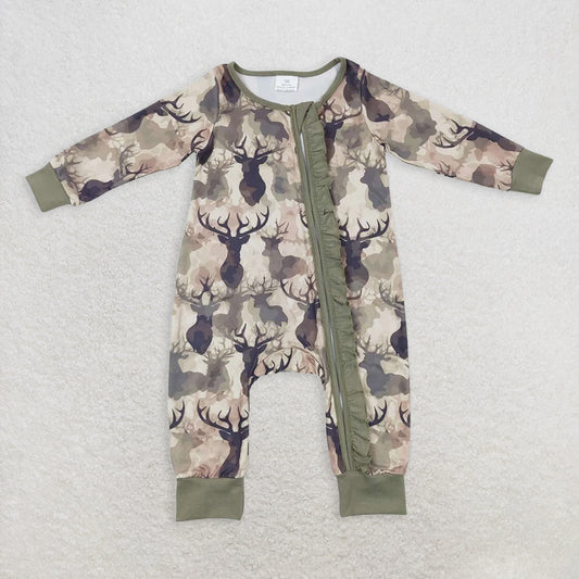 6.12 RTS NO MOQ Baby Girls Bodysuit LR0661 Camo Deer Ruffle Zip Long Sleeve Rompers