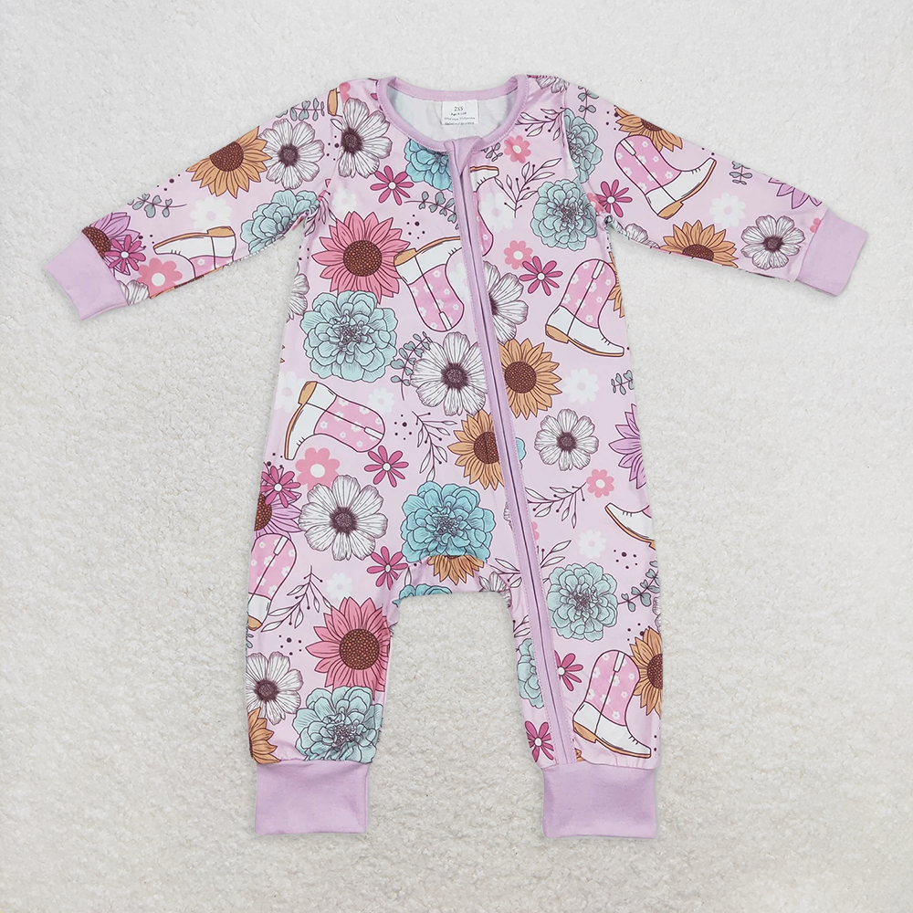 RTS NO MOQ Baby Girls Bodysuit LR0801 Pink Flowers Boots Western Long Sleeve Zip Rompers