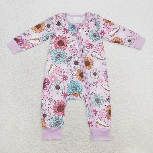 RTS NO MOQ Baby Girls Bodysuit LR0801 Pink Flowers Boots Western Long Sleeve Zip Rompers