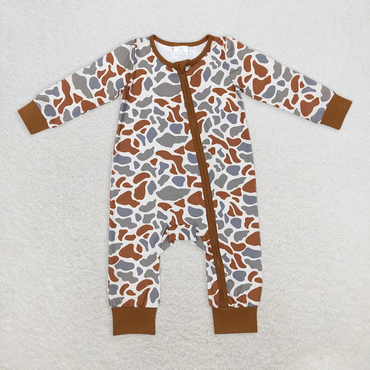 RTS NO MOQ Baby Boys Bodysuit LR0818 Long Sleeve Brown Camo Zip Sleepers Rompers