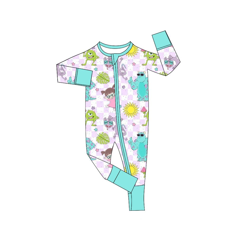 LR0988 Blue Cartoon baby girls long sleeve romper