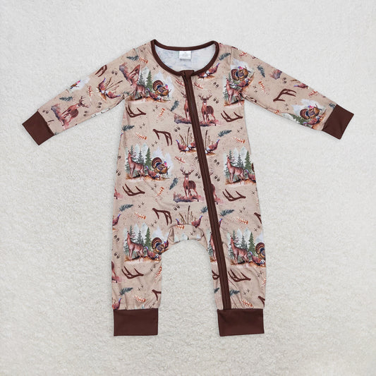 6.2 RTS NO MOQ Baby Boys Bodysuit LR1014 Fall Deers Hunting Turkey Bamboo Zip Rompers