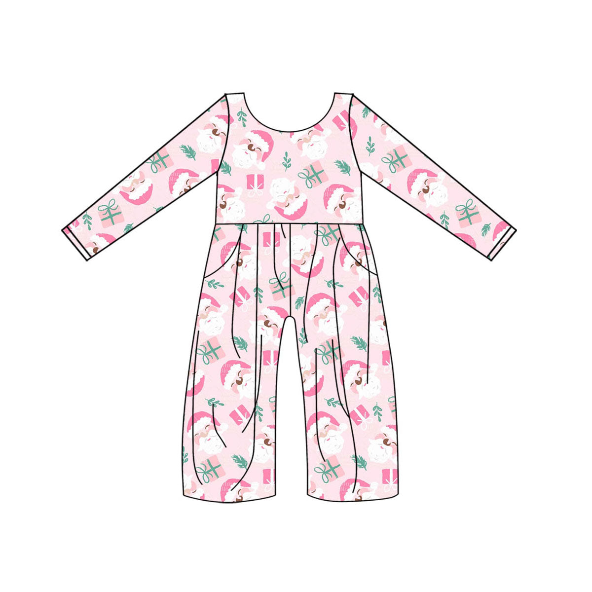 LR1021 Pink Santa Long Sleeve Kids Girls Jumpsuit