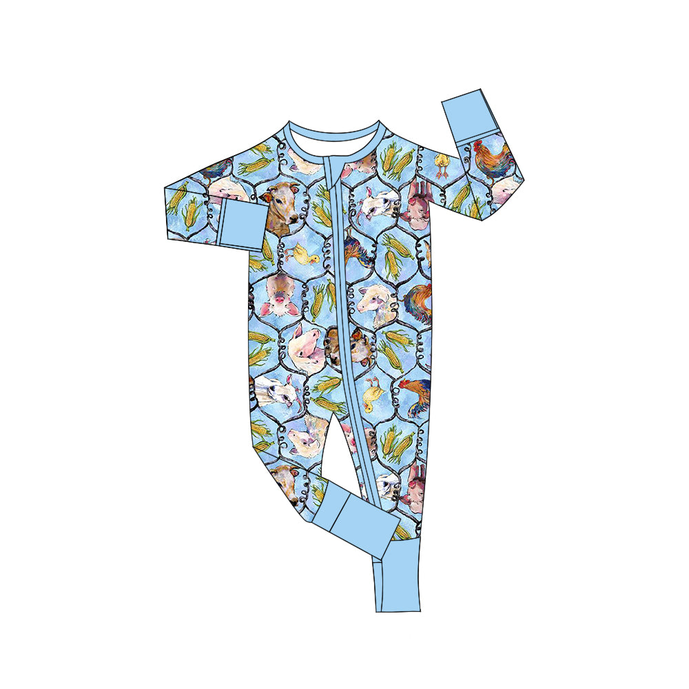 LR1031 blue cow cute baby long sleeve kid romper