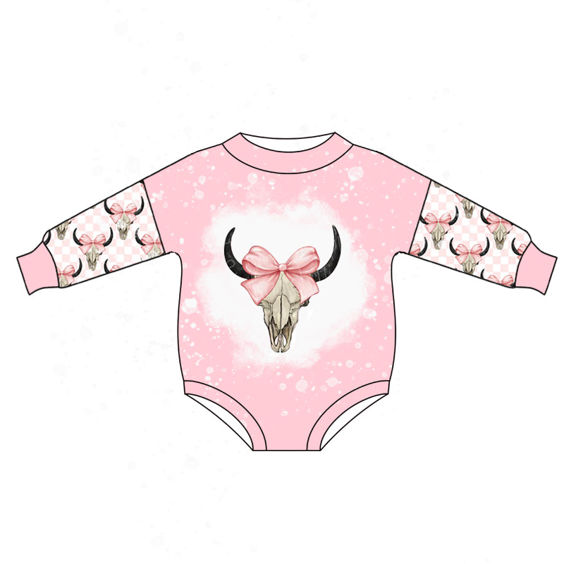 LR1034 pink cow cute baby long sleeve kid romper