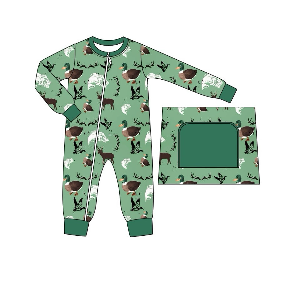 LR1384 Green Duck Toddler Long sleeve cute baby kid rompers