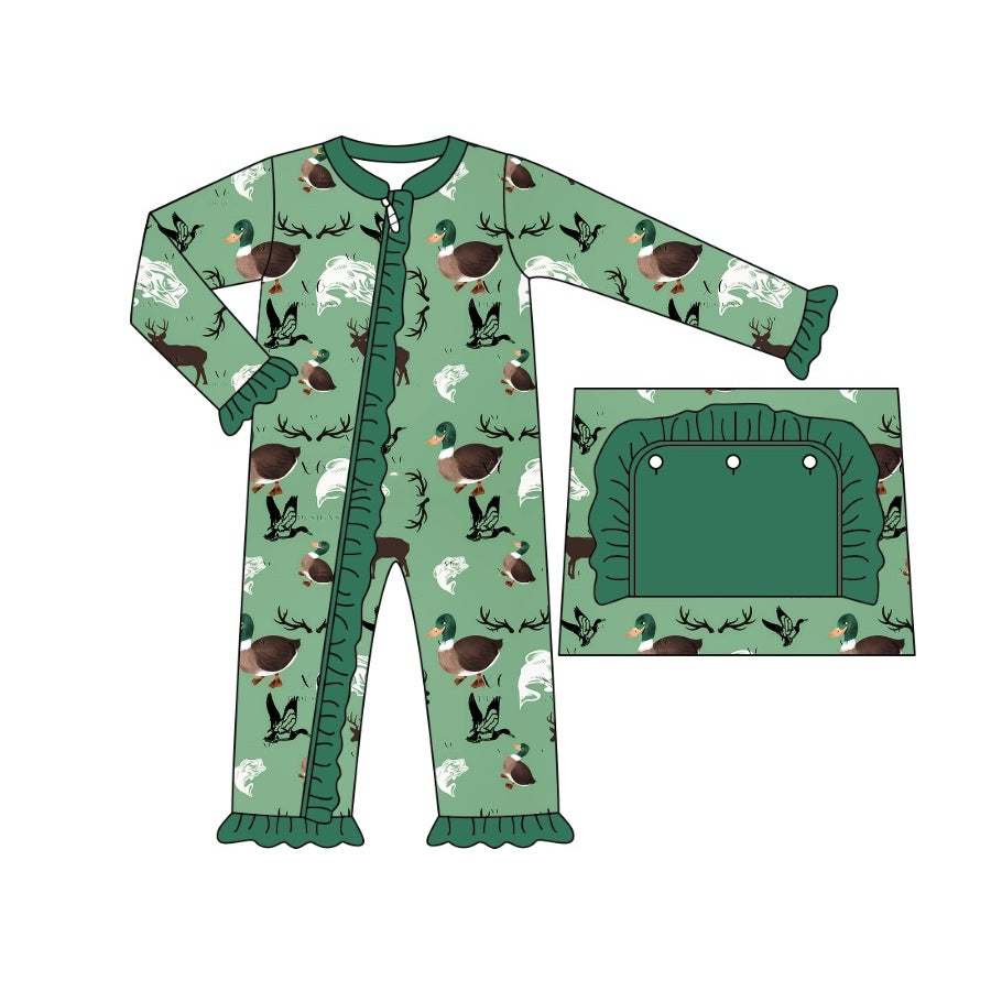 LR1385 Green Duck Ruffle Toddler Long sleeve cute baby kid rompers