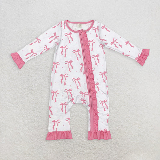 6.10 RTS NO MOQ Baby Girls Bodysuit LR1584B Pink Bows Ruffle Bamboo Zip Rompers